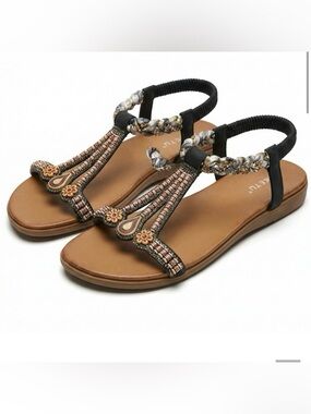 SIKETU Beaded Boho Sandals 9 Black Rhinestone T-Strap Elastic Comfort Flats